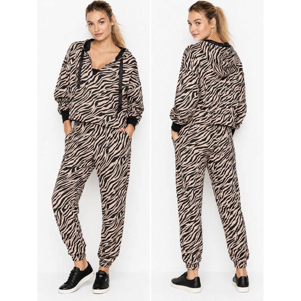 Victorias Secret Zebra Print Hoodie Jogger Lounge Set M Boho Y2K Cozy Fall